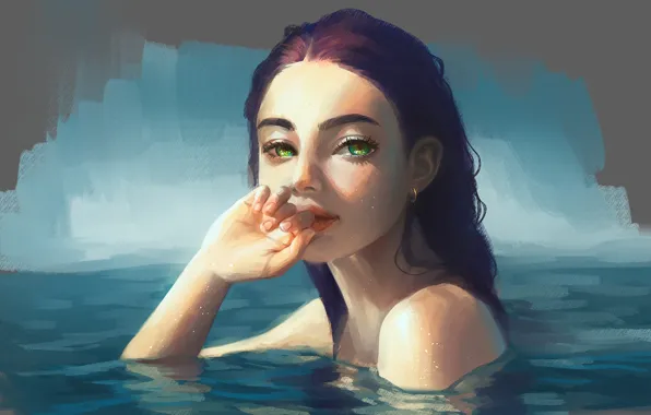 Картинка взгляд, вода, девушка, арт, зеленые глаза