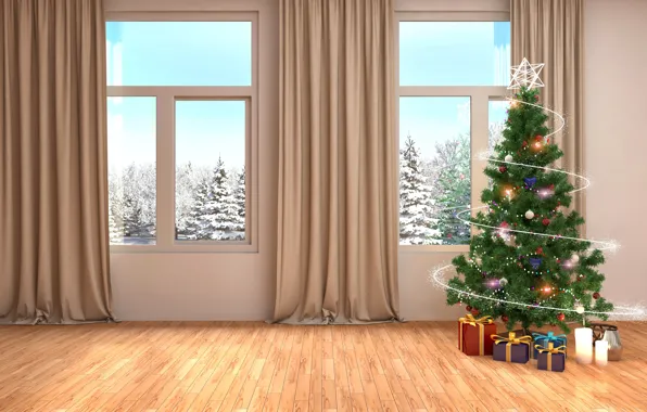 Картинка зима, елка, интерьер, окно, Новый год