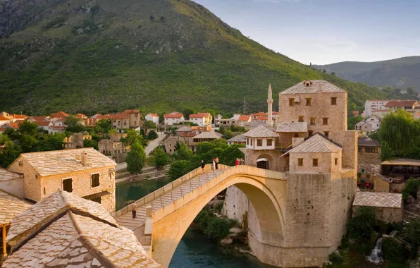 Картинка горы, река, дома, Босния и Герцеговина, Мостар, Старый Мост