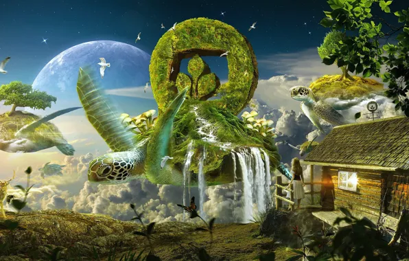 Картинка небо, девушка, облака, деревья, птицы, дом, знак, грибы, планета, олени, horizon, черепахи