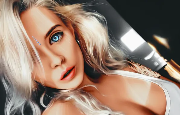 Картинка Girl, cleavage, art, blue eyes, tattoo, lips, face, painting, sensual, blonde, digital art, artwork, portrait, …