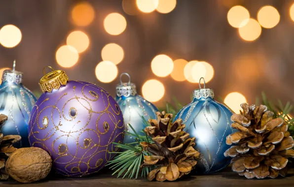 Картинка украшения, шары, елка, Новый Год, Рождество, happy, Christmas, balls, шишки, bokeh, New Year, Merry Christmas, …