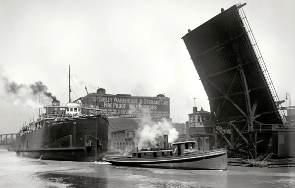 Картинка ретро, корабль, буксир, пароход, США, разводной мост