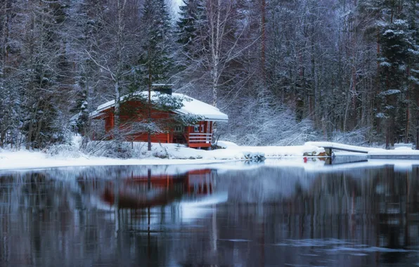 Картинка зима, лес, озеро, дом, отражение, Anssi Carroll
