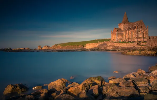 Картинка море, камни, побережье, Шотландия, церковь, Scotland, Северное море, North Sea, Файф, Fife, St Monans Church