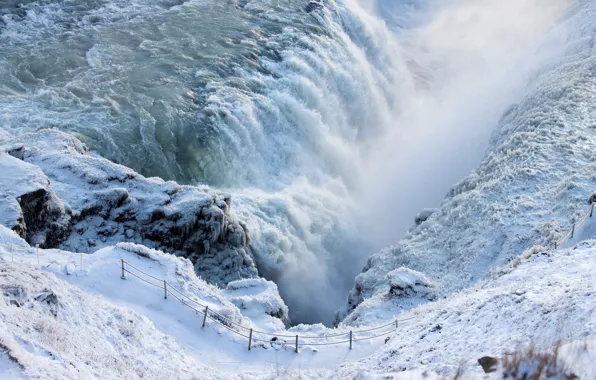 Картинка зима, снег, водопад