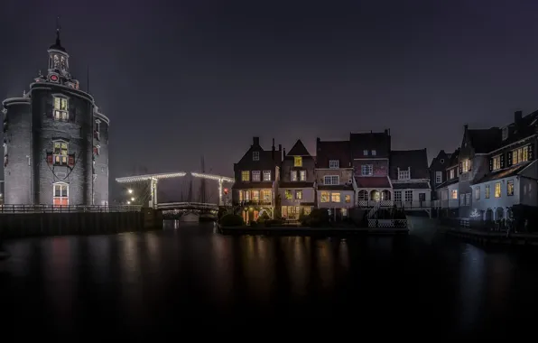 Картинка ночь, огни, дома, Нидерланды, Энкхейзен