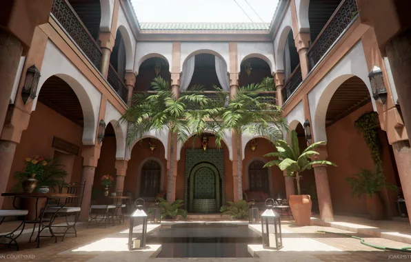 Картинка пальмы, двор, фонари, архитектура, Moroccan Courtyard