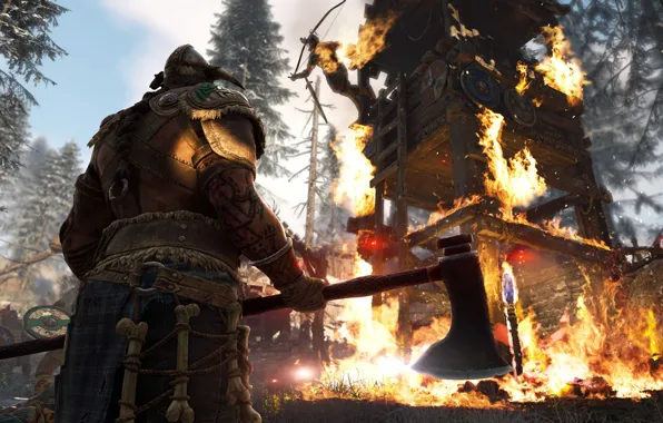 Картинка fire, flame, game, armor, weapon, man, viking, warrior, spark, For Honor, aze
