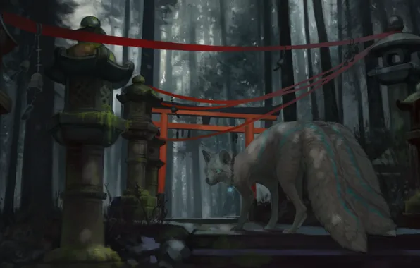 Картинка Япония, фонари, ступени, девятихвостый, art, красная лента, демон-лис, fox demon, таинственный лес, ворота тории, Aivoree