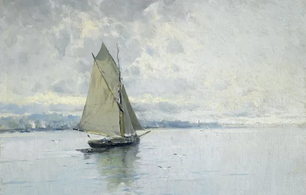 Картинка картина, Elisio Meifren, Морской Пейзаж с Парусной Лодкой