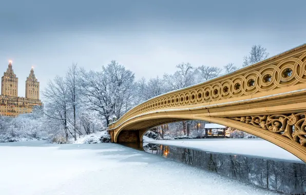 Картинка зима, снег, Нью-Йорк, США, Центральный парк, мост Боу