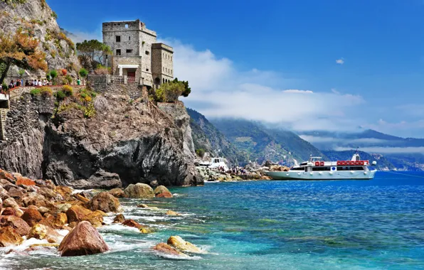 Картинка море, скалы, берег, Италия, landscape, Italy, travel, Monterosso al Mare, Liguria