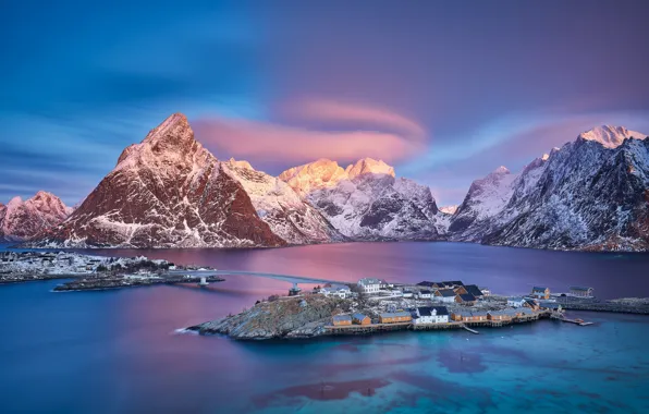 Картинка свет, природа, Норвегия, поселок, Лофотенские острова