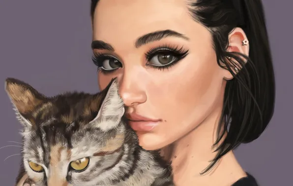 Картинка кот, взгляд, девушка, лицо, животное, макияж, арт
