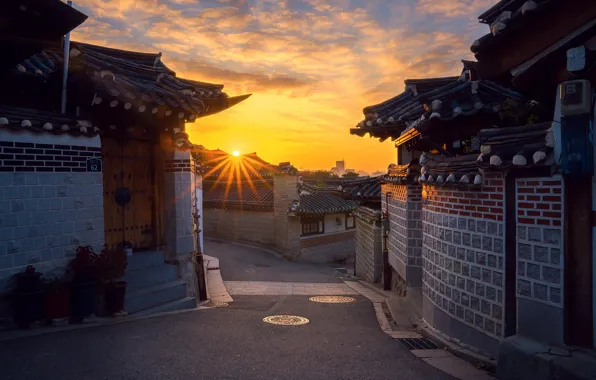 Картинка рассвет, утро, Сеул, старый город, Южная Корея
