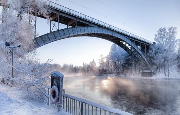 Картинка зима, снег, мост, река, утро, арка