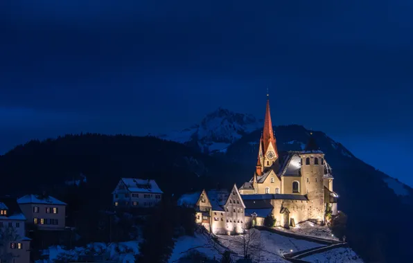 Картинка горы, ночь, огни, дома, Австрия, церковь, Ранквайль