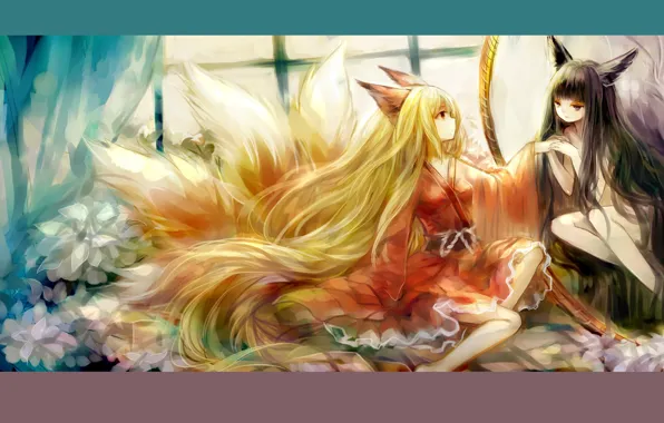 Картинка окно, рыжая, кимоно, ушки, длинные волосы, подруги, девятихвостая лиса, fox girl