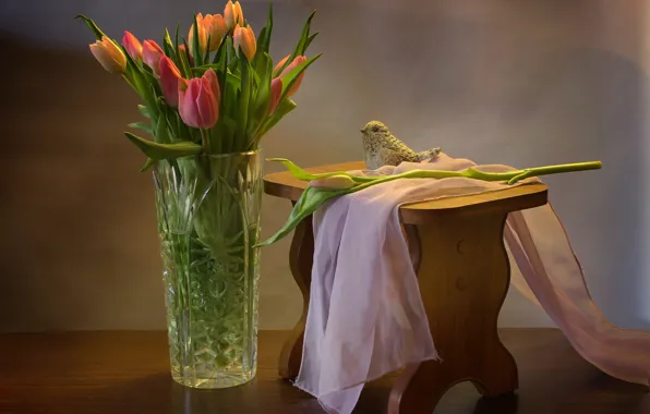 Картинка тюльпаны, ткань, ваза, птичка