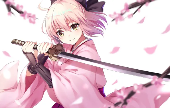 Картинка girl, sword, pink, anime, katana, sakura, ken, blade, blonde, warrior, japanese, kimono, bishojo, Fate Grand …
