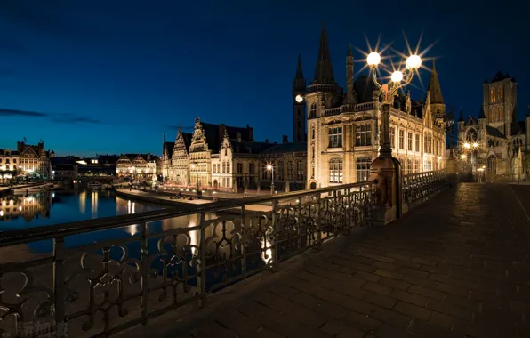 Картинка ночь, город, огни, Бельгия, Гент, Sint Michiels Bridge