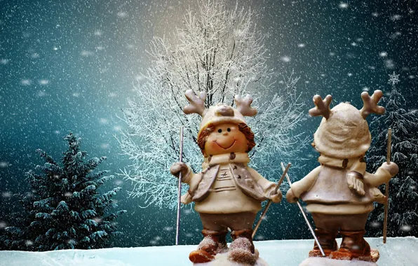 Картинка зима, снег, деревья, Рождество, Новый год, лыжник, фигурки