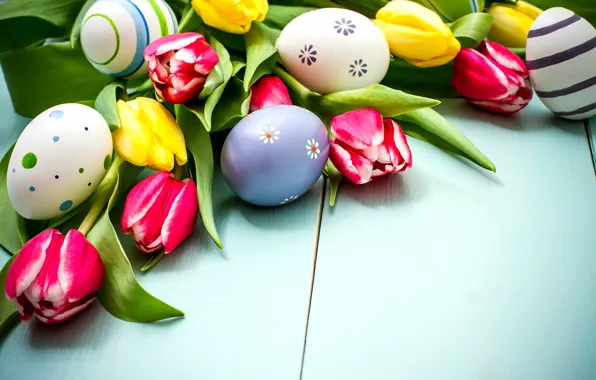 Картинка цветы, весна, colorful, Пасха, тюльпаны, wood, flowers, tulips, spring, Easter, eggs, decoration, Happy, яйца крашеные