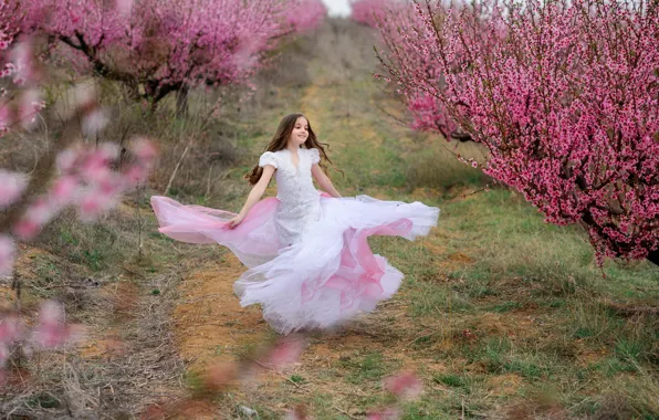 Картинка деревья, весна, сакура, платье, девочка, girl, цветение, pink, blossom, beautiful, spring