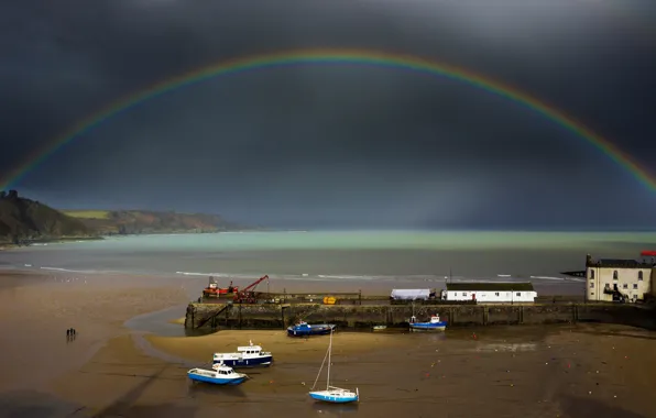 Картинка лодка, радуга, отлив, гавань, Уэльс, Тенби