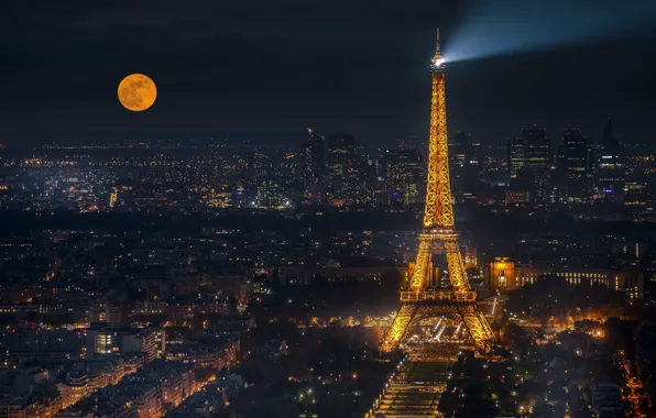 Картинка огни, луна, Франция, Париж, панорама, Эйфелева башня, Paris, ночной город, France, Eiffel Tower
