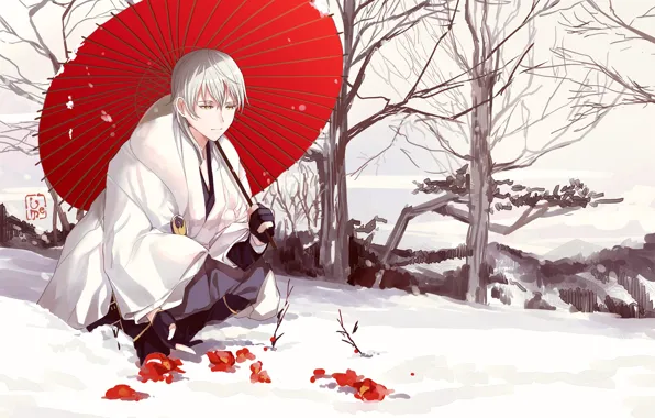 Картинка снег, зонт, аниме, арт, парень, Touken ranbu