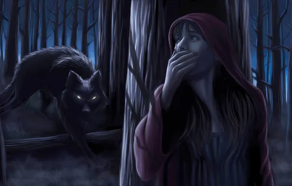 Картинка лес, девушка, ночь, волк, красная шапочка