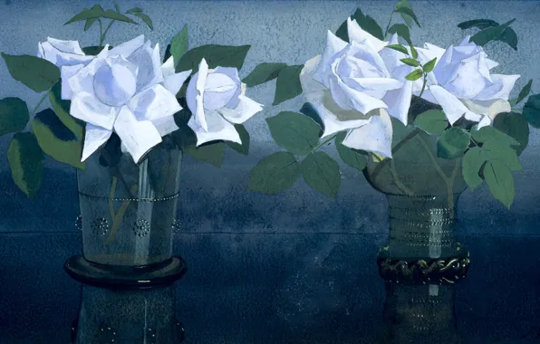 Картинка цветы, рисунок, натюрморт, гуашь, Ян Воерман, Французские Розы в Двух Стеклянных Вазах