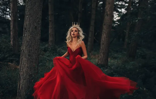 Картинка лес, девушка, корона, платье, в красном, Fairy Tale, Adam Bird