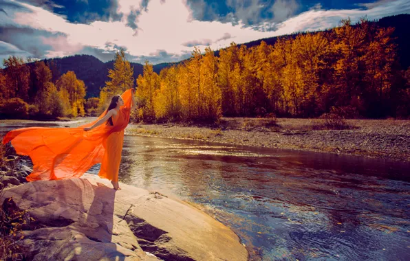 Картинка осень, девушка, река, платье