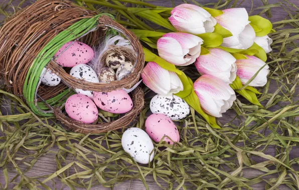 Картинка цветы, Пасха, тюльпаны, корзинка, pink, flowers, tulips, spring, Easter, eggs, decoration, Happy, яйца крашеные