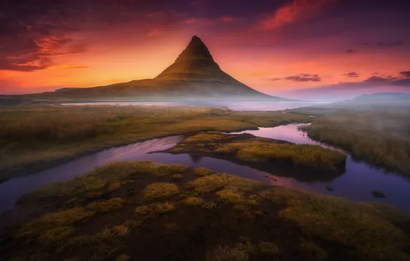 Картинка вода, свет, гора, вечер, утро, дымка, Исландия