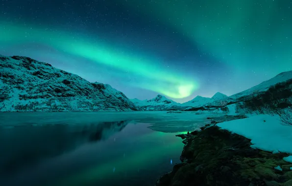 Картинка зима, горы, северное сияние, Норвегия, Lofoten