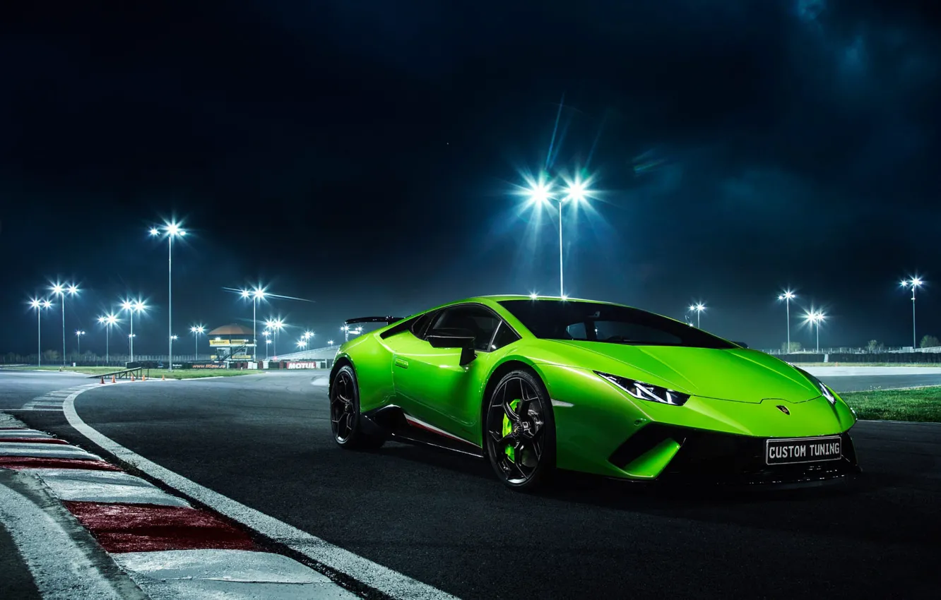 Фото обои Lamborghini, Green, Night, Track, Performante, Huracan, LP610-4
