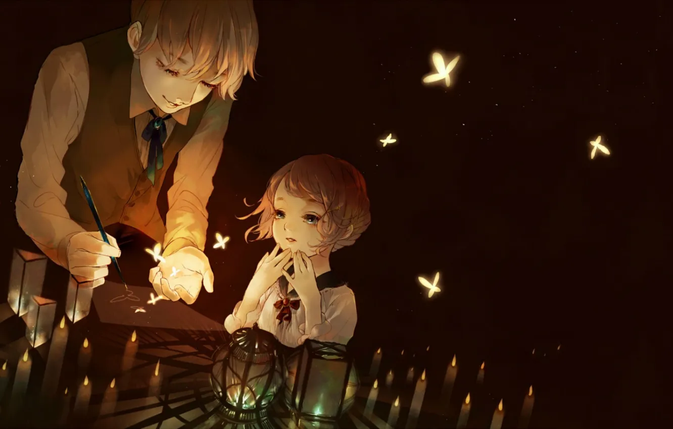 Фото обои бабочки, волшебство, магия, свечение, свечи, мальчик, ручка, девочка, фонарики, в темноте