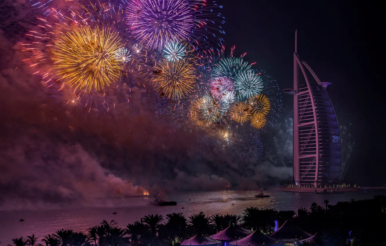 Фото обои Dubai, night, New Year, fireworks, UAE
