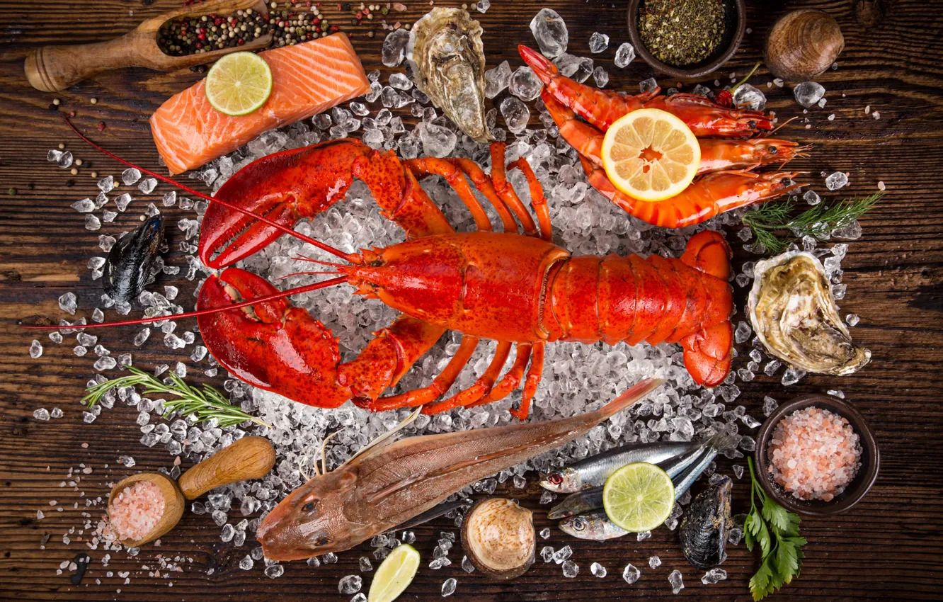 Фото обои красный, лимон, рыба, омар, вид сверху, креветки, морепродукты, специи