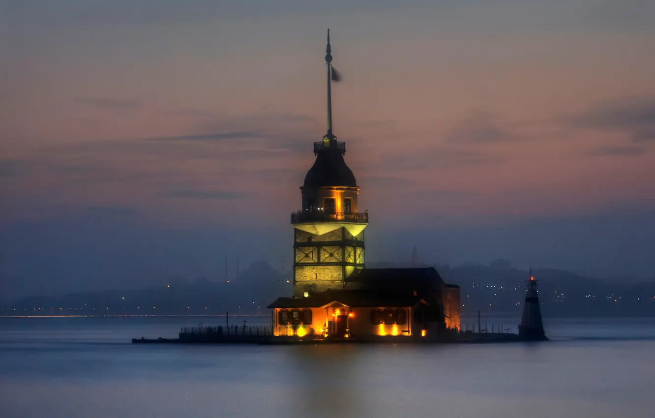 Фото обои огни, пролив, маяк, Стамбул, Турция, Босфор
