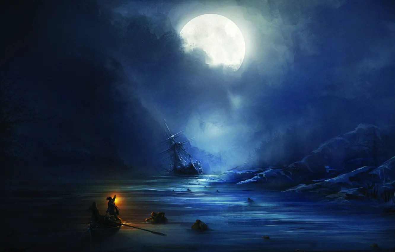 Фото обои moon, fantasy, game, sea, people, Assassin's Creed, moonligh...