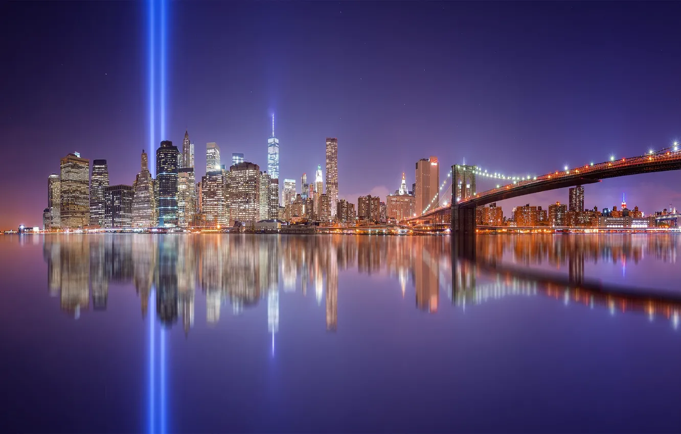 Фото обои свет, отражения, ночь, город, огни, США, Нью - Йорк