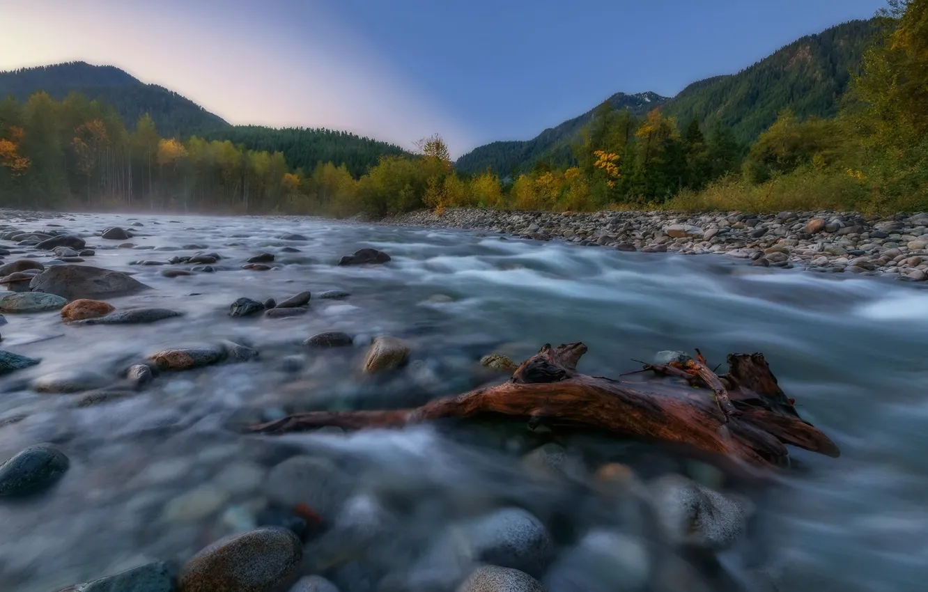 Фото обои природа, река, камни, течение, США, коряга, Скайкомиш, Skykomish, Kevin Russell