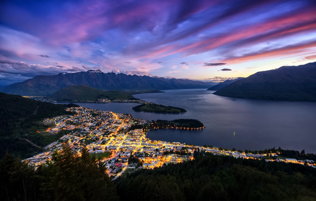 Фото обои свет, горы, город, огни, Новая Зеландия, Куинстаун