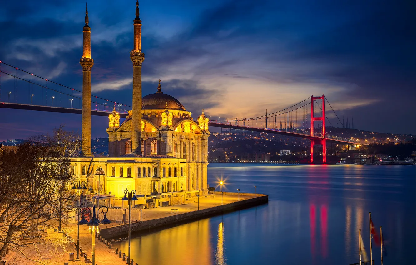 Фото обои ночь, мост, огни, пролив, мечеть, Стамбул, Турция, минарет