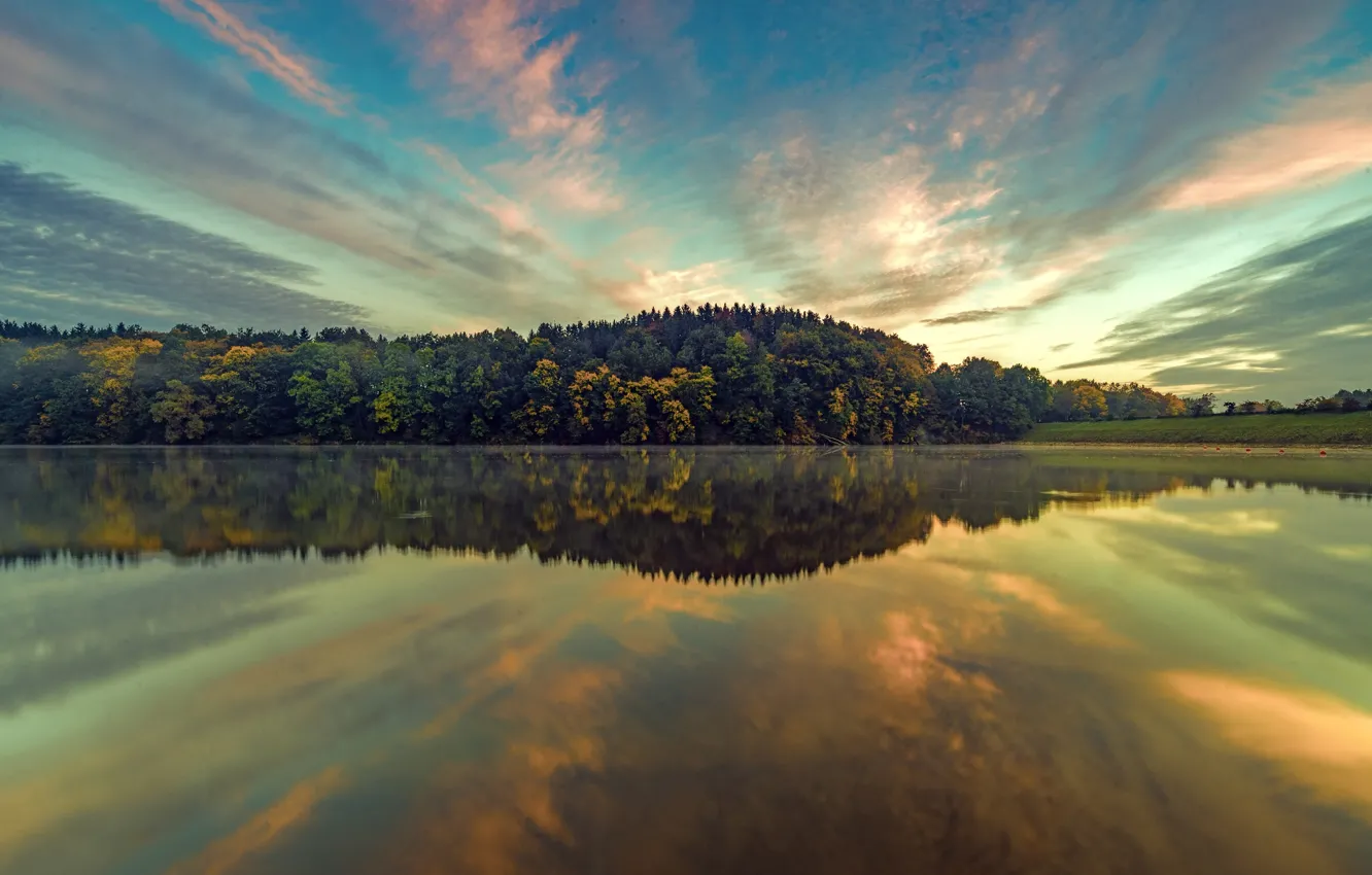 Фото обои осень, лес, закат, озеро, отражение, Германия, Бавария, Germany, Bavaria, Unterbeuern
